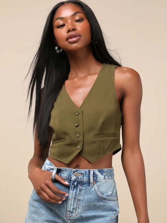 Zara Tops - Zara Olive V-Neck Cropped tailored chic Button Vest